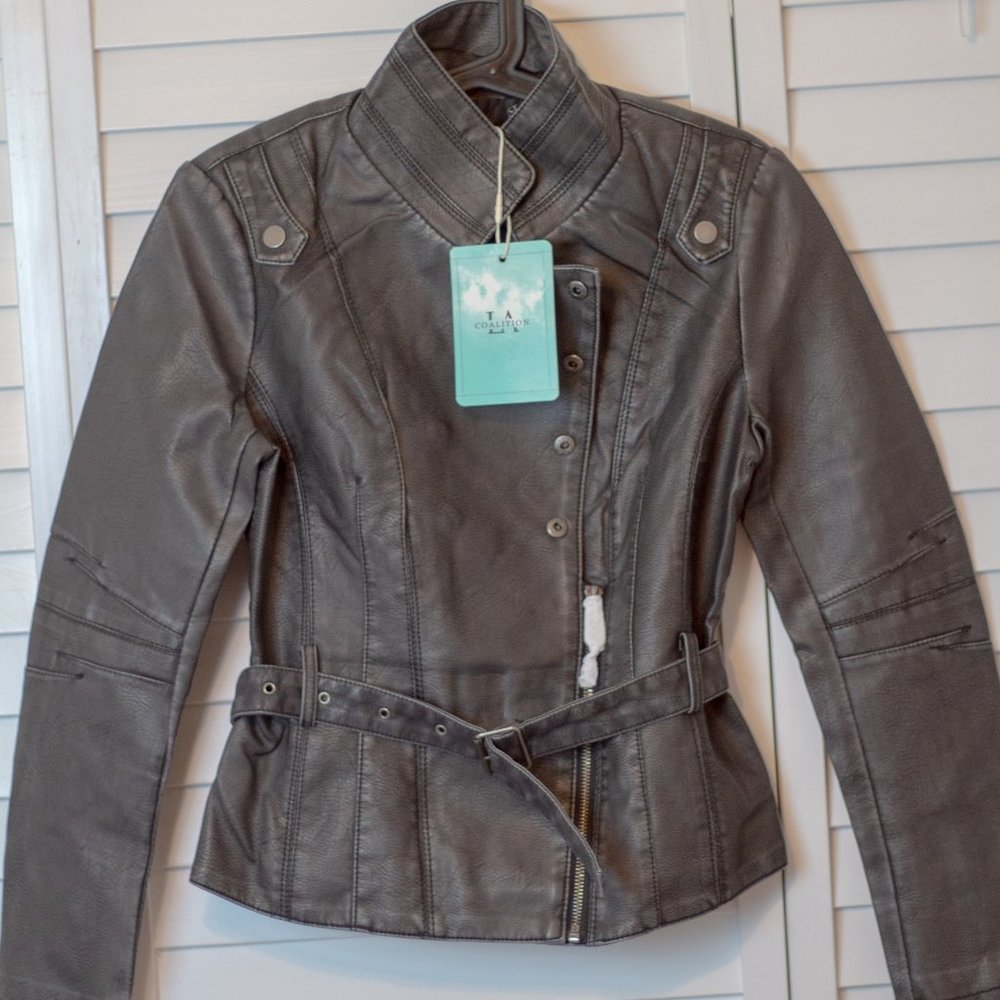 NEW Fitted Women's Grey Vegan Leather Jacket